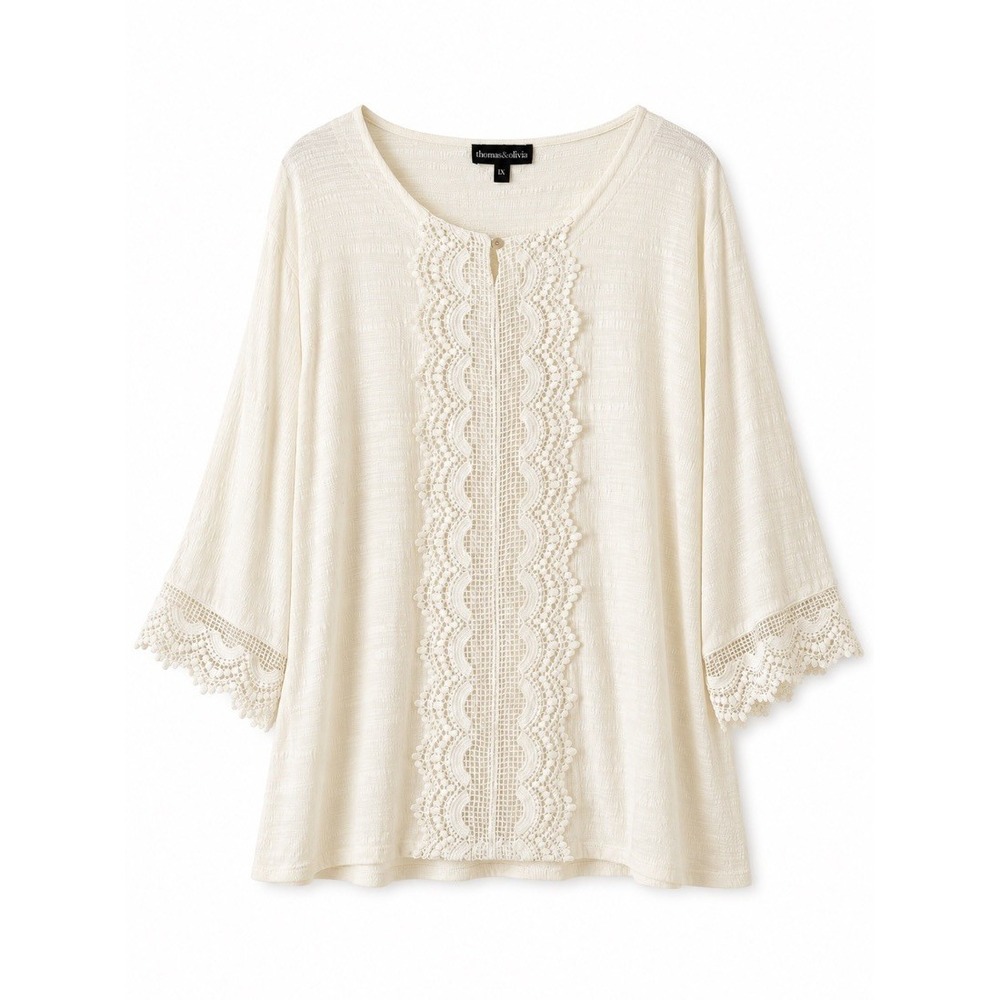 Thomas Olivia Plus Size 1X Ivory Cream Lace Trim Boho Bell Sleeve Blouse Top